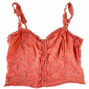 ABERCROMBIE AND FITCH Floral Smocked Sleeveless Ruffle Crop Tank Sz M Coral
